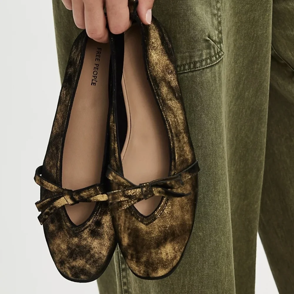 Free People Mania Bow Leather Ballet Flats in Bronze Age Metallic - Size 8